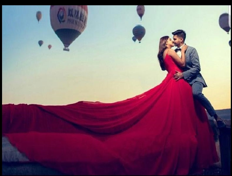 G703, Red Prewedding Shoot Long Trail  Gown,  Size (All)pp