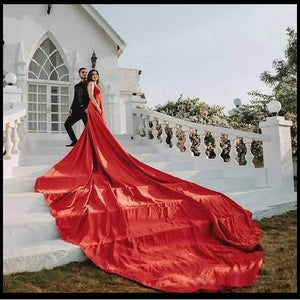 G686, Red Satin One Shoulder slit cut infinity prewedding shoot trail gown, ( All Sizes )