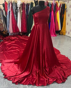 G695 (1), Wine  Satin One Shoulder Prewedding Long Trail Gown, Size (All)