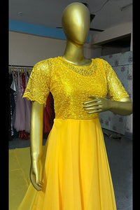G266 Mustard Yellow Half Sleeves Maternity Gown, Size (All),