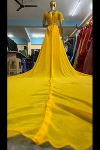 G266 Mustard Yellow Half Sleeves Maternity Gown, Size (All),