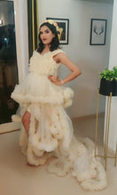 Load image into Gallery viewer, G2011, Cream Ruffled Slit Cut Shoot Trail Gown With Inner, Size (All)