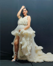 Load image into Gallery viewer, G2011, Cream Ruffled Slit Cut Shoot Trail Gown With Inner, Size (All)