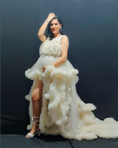 G2011, Cream Ruffled Slit Cut Shoot Trail Gown With Inner, Size (All)