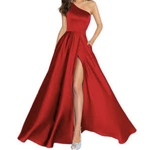 G695 (2), Wine  Satin One Shoulder Prewedding Long Trail Gown, Size (All)
