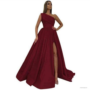 G695 (1), Wine  Satin One Shoulder Prewedding Long Trail Gown, Size (All)