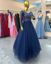 Load image into Gallery viewer, G145, Navy Blue Semi off shoulder Ball  Gown, Size (XS-30 to XL-36)