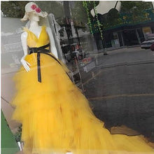 Load image into Gallery viewer, G640(2), Luxury Yellow Ruffle Long Trail Ball Gown,  Size - (All)