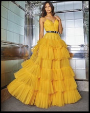 Load image into Gallery viewer, G6402, Luxury Yellow Ruffle Long Trail Ball Gown,  Size - (All)pp