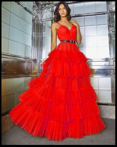 G6403, Luxury Red Ruffle Long Trail Ball Gown, Size (All)pp