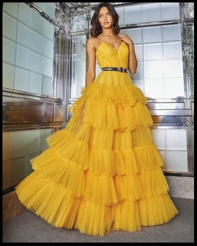 G6402, Luxury Yellow Ruffle Long Trail Ball Gown,  Size - (All)pp