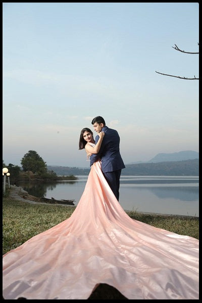 G224,Peach Satin Long Trail Prewedding Shoot Gown, Size(All