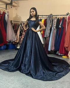 G903 (3), Navy Blue Slit Cut Pre Wedding Shoot Long Trail Gown, Size (All)