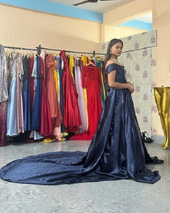 G903 (2), Navy Blue Pre Wedding Shoot Long Trail Gown, Size (All)