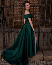 Load image into Gallery viewer, G900(2), Castelon Green Satin Slit cut Pre Wedding Shoot Long Trail Gown, Size (All)