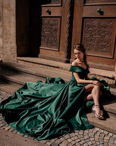 G900(2), Castelon Green Satin Slit cut Pre Wedding Shoot Long Trail Gown, Size (All)