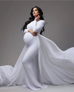 W644, White Trail Lycra Body Fit Maternity Gown, Size (All)pp