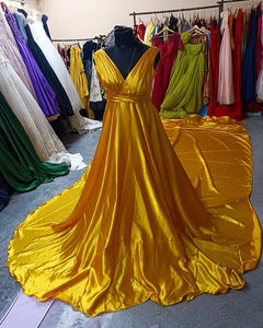 G999, Mustard Yellow Prewedding Long Trail Gown, Size (All)
