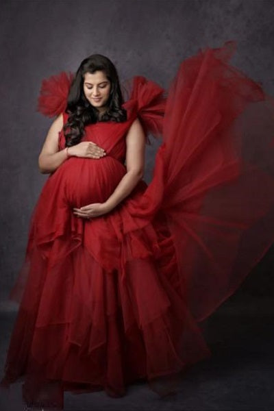G733,  Red Wine Frilled Maternity Shoot Trail  Gown, Size (All)pp