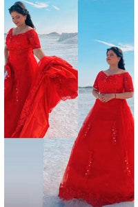 G129 (3), Red Off Shoulder half sleeves Trail Gown, Size (XS-30 to L-38)