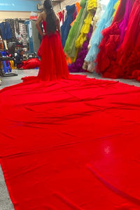 G438 (3), Red Slit Cut Prewedding Long Trail Gown, Size (All)