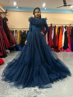 G2026, Navy Blue Frill Prewedding Shoot Trail Gown, Size (All)pp