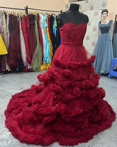G2032 ,  Wine Red Tube Top  Ruffled Pre Wedding Shoot Trail Gown Size, (All)