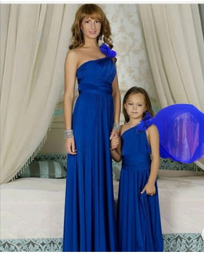 G275(2), Blue One Shoulder Mother-Daughter Flair Gown, Size(All)