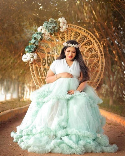 G4048, Light Green Ruffled Maternity Shoot Trail Gown (SIZE ALL)pp