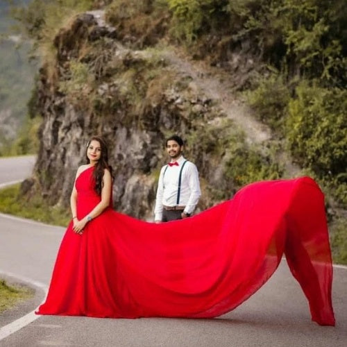 G665, Red Georgette One Shoulder Prewedding Long Trail Gown, Size (All)pp