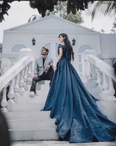 Photo of Navy blue flared off shoulder gown  Engagement dress for bride Engagement  gowns Indian gowns dresses