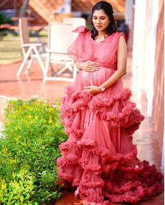 G878 (3), Peach Ruffled Maternity Shoot Gown With Inner, Size (All)