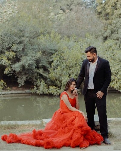 G768, Red Tube Ruffled Pre-wedding Trail Gown Size, (All)