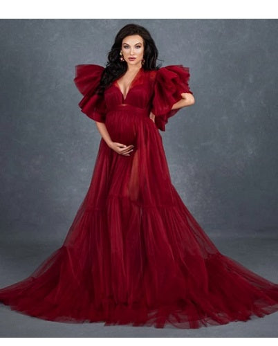 G2048,  Wine Ruffled Maternity Shoot  Gown, Size (All) pp