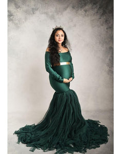 G821, Bottle Green Fish Cut Maternity Shoot Baby Shower Gown, Size (All)pp