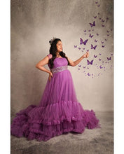 Load image into Gallery viewer, G240, Luxury Purple Ruffled maternity shoot trail gown,  Size - (XS-30 to XL-40)
