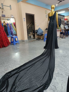 G975(2), Black One Shoulder Prewedding Long Trail Gown, Size (All)