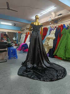 G904 (2), Black satin slit cut PreWedding Shoot Long Trail Gown, Size (All)