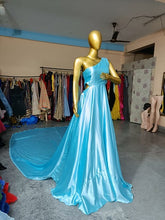 Load image into Gallery viewer, G675, Sky Blue Satin One Shoulder Maternity Shoot Trail Gown, Size (All)pp