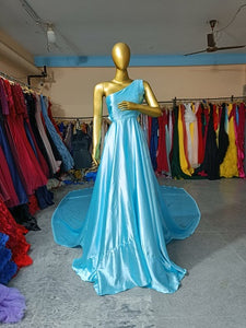 G675, Sky Blue Satin One Shoulder Maternity Shoot Trail Gown, Size (All)pp