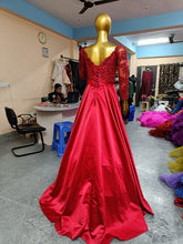 Load image into Gallery viewer, G227 (2), Wine Satin Full Sleeves Off Shoulder Trail Ball gown, Size (XS-30 to L-40)