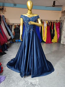G132 (5), Navy Blue Satin Off Shoulder Trail Ball gown