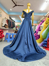 Load image into Gallery viewer, G132 (5), Navy Blue Satin Off Shoulder Trail Ball gown