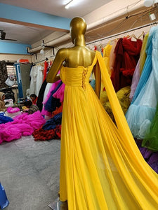 G75 , Yellow One Shoulder Prewedding Shoot Long Trail Gown, (All Sizes)