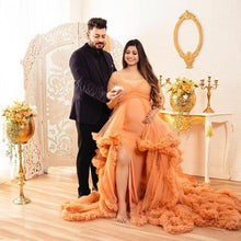 Load image into Gallery viewer, G1050, Luxury Orange Ruffled Maternity Long Trail Gown, Size (SIZE ALL)