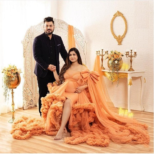 G1050, Luxury Orange Ruffled Maternity Long Trail Gown, Size (SIZE ALL)