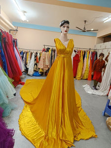 G650, Mustard slit cut shoot Long Trail Gown, Size (All)