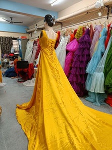 G650, Mustard slit cut shoot Long Trail Gown, Size (All)