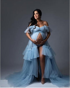 G2007, Light Blue Frilled Maternity Shoot Gown With Inner, Size (All) pp