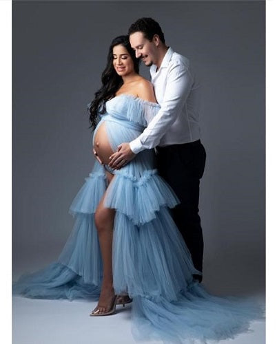 G2007, Light Blue Frilled Maternity Shoot Gown With Inner, Size (All) pp